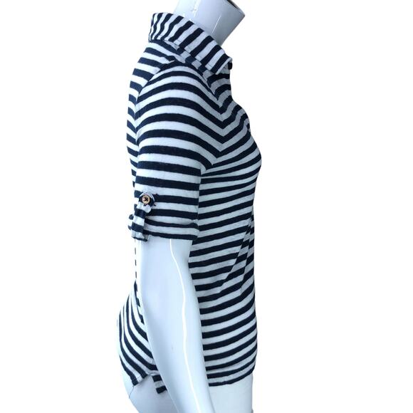 Chicos Womens Size 0 US 4 Small Polo Shirt Blue White Stripe Nautical 100% Linen - Picture 9 of 16